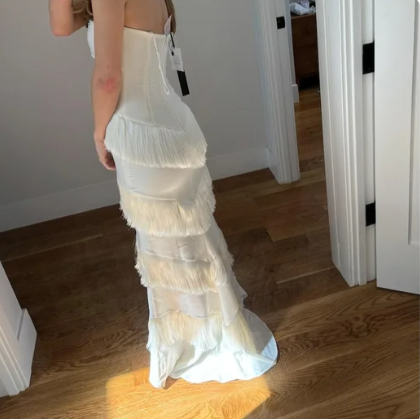 Fashion Strapless Sheath Long Prom Dresses Chiffon Tassel Ivory Birthday Dresses ED05005