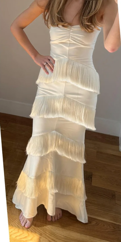 Fashion Strapless Sheath Long Prom Dresses Chiffon Tassel Ivory Birthday Dresses ED05005