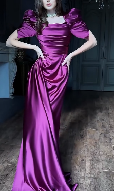 Sheath Grape Long Prom Dresses Satin Grape Wedding Guest Dresses with Short Sleeves HZ1024