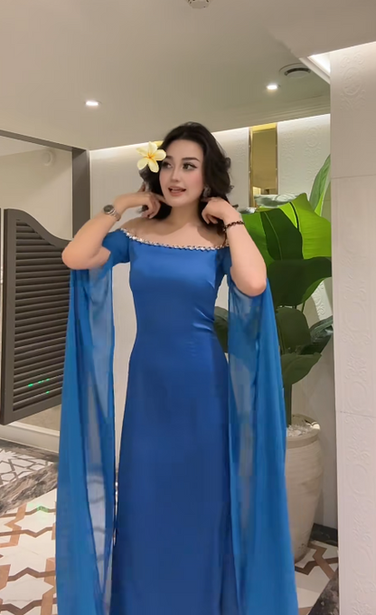 Off Shoulder Sheath Blue Long Prom Dresses Chiffon Blue Wedding Guest Dresses HZ1024