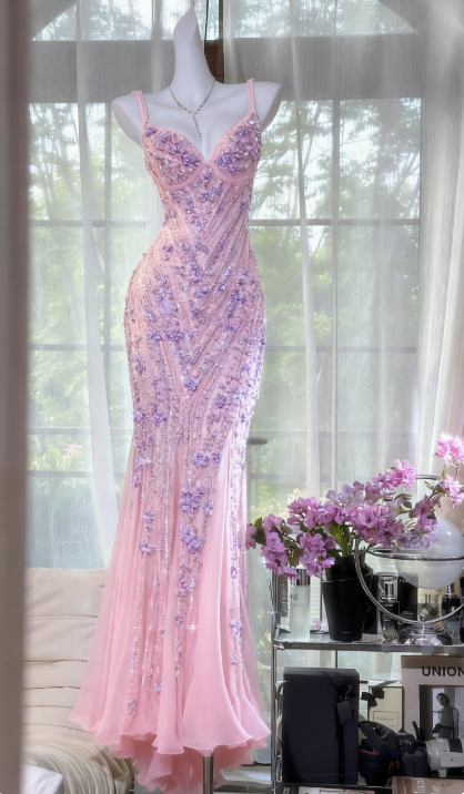 Fairy Spaghetti Strap Mermaid Pink Long Prom Dresses Chiffon Beaded Pink Formal Dresses ED05018