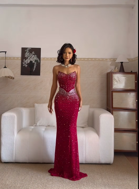 Sweetheart Neck Sheath Burgundy Long Prom Dresses Sequin Chiffon Burgundy New Year Evening Dresses HZ1024