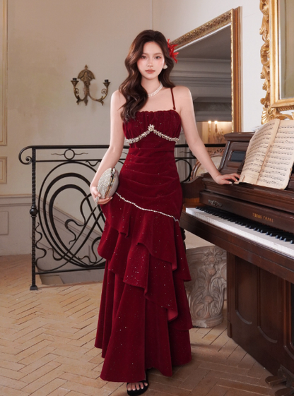 Spaghetti Strap Sheath Burgundy Long Prom Dresses Burgundy Birthday Dresses Ruffle Velvet Sleeveless New Year's Evening Dress HZ1024