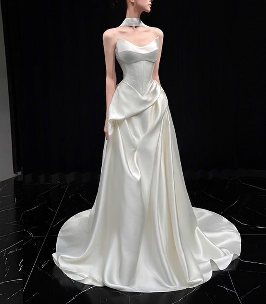 Strapless Satin Long Wedding Dresses Sleeveless White Bridal Gowns HZ1024