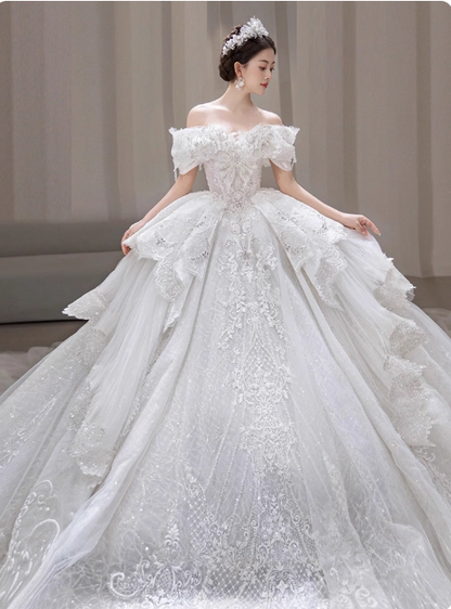 Gorgeous Off-the-shoulder Ball Gown Lace Long Wedding Dresses Applique White Bridal Gowns Short Sleeve Bridal Dresses ED05029