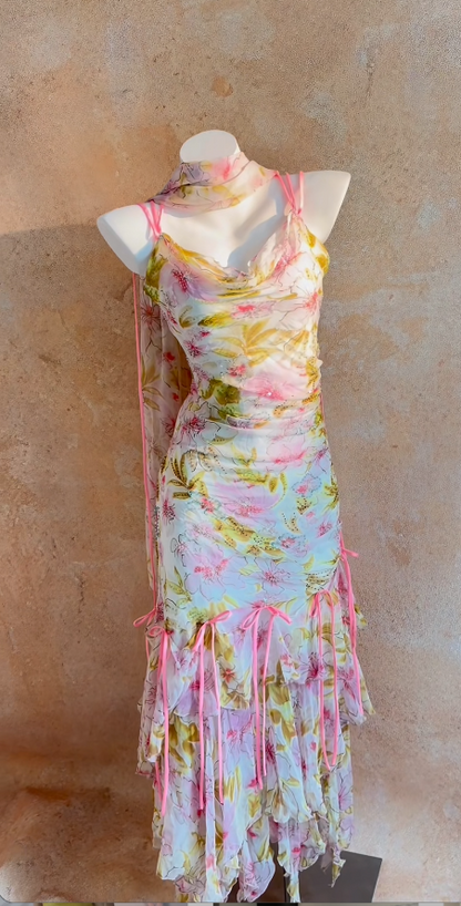 Fairy Spaghetti Strap Sheath Long Prom Dresses Floral Chiffon Vintage Wedding Guest Dresses ED05047