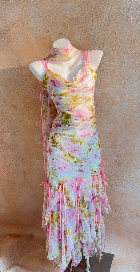 Fairy Spaghetti Strap Sheath Long Prom Dresses Floral Chiffon Vintage Wedding Guest Dresses ED05047