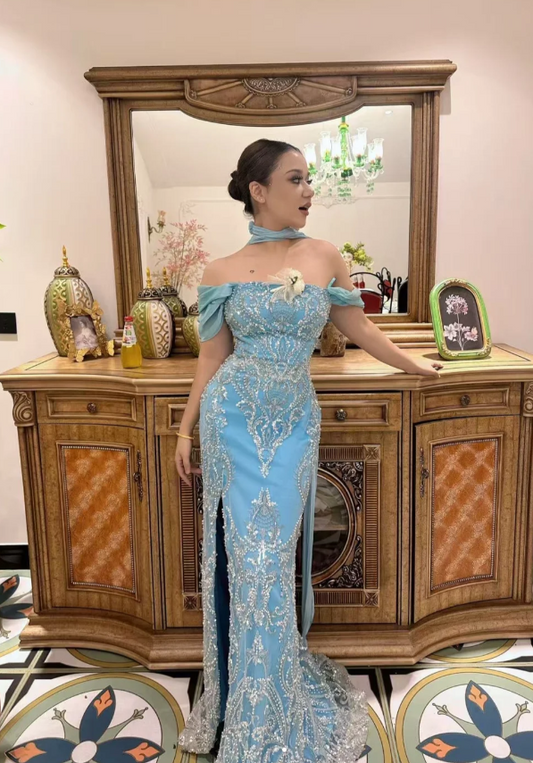 Chic Off-the-shoulder Sheath Blue Long Prom Dresses Applique Tulle Blue Wedding Guest Dresses  ED05052