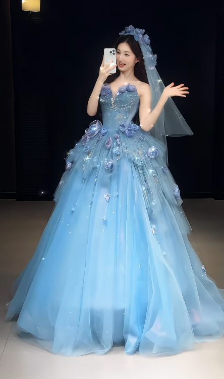 Fairy Sweetheart Ball Gown Blue Long Prom Dresses Tulle Applique Blue Quinceanera Dresses Sweet 16 Dress ED05063