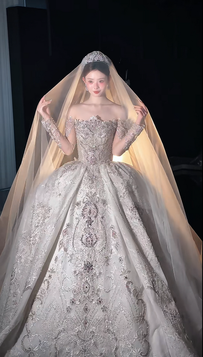 Princess Off-the-shoulder Ball Gown Tulle Long Wedding Dresses Beaded Applique White Bridal Gowns Sleeveless Bridal Dresses ED05067