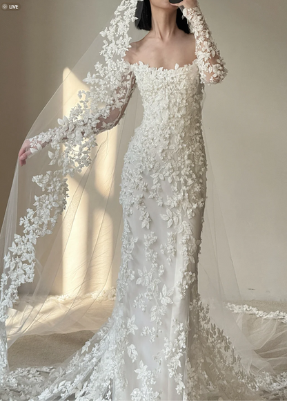 Princess Off-the-shoulder Mermaid Long Wedding Dresses Tulle Applique White Bridal Gowns Long Sleeve Bridal Dresses ED05068