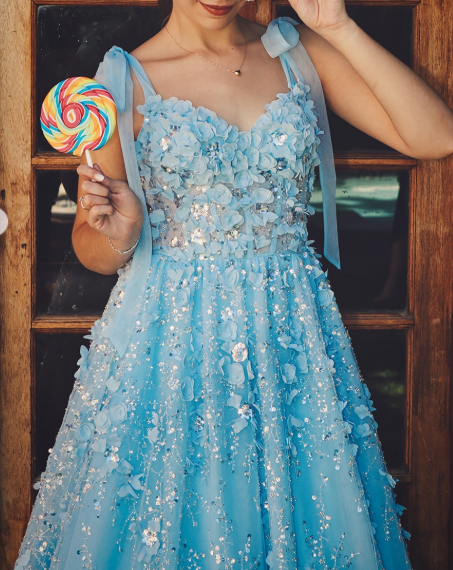 Fairy Spaghetti Strap A-Line Blue Long Prom Dresses Tulle Applique Blue Evening Dresses ED05074
