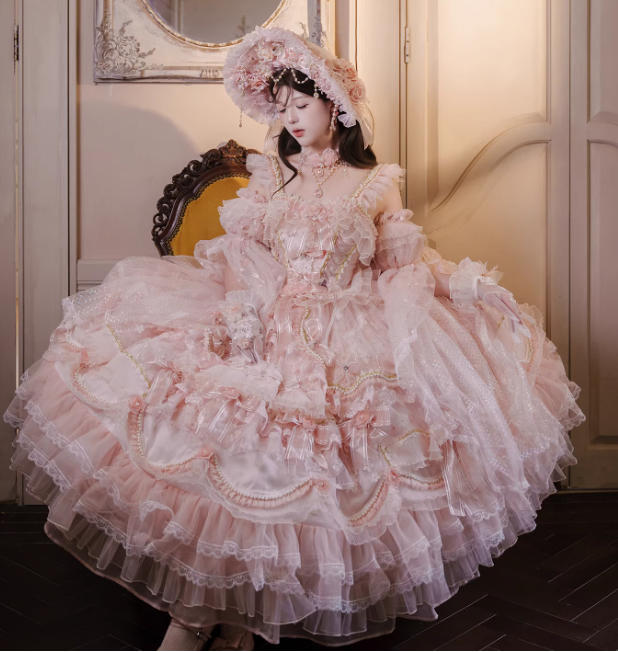 Cute Spaghetti Strap Ball Gown Tulle Lace Pink Birthday Dresses Pink Lolita Dresses ED05081