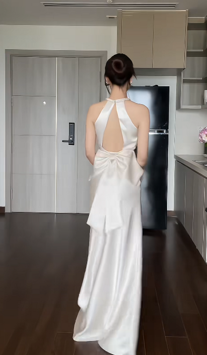 Chic Halter Sheath White Long Prom Dresses Satin White Wedding Guest Dresses ED05092