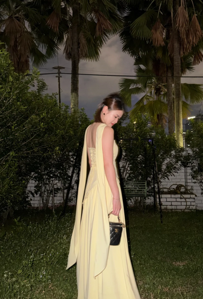 Chic Strapless Sheath Yellow Long Prom Dresses Chiffon Yellow Wedding Guest Dresses ED05094