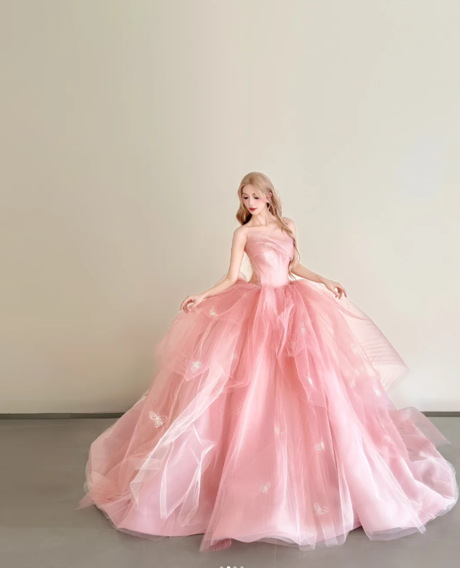 Cute Strapless A-Line Pink Long Prom Dresses Tulle Pink Quinceanera Dresses Sweet 16 Dress ED05113