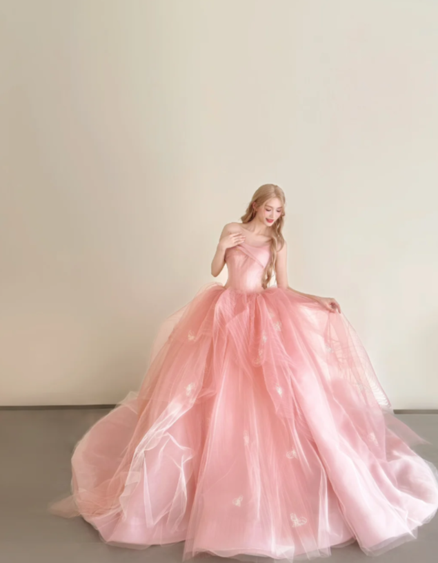 Cute Strapless A-Line Pink Long Prom Dresses Tulle Pink Quinceanera Dresses Sweet 16 Dress ED05113