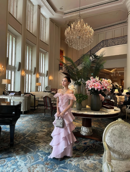 Elegant Off-the-shoulder Sheath Pink Long Prom Dresses Chiffon Pink Wedding Guest Dresses ED05115