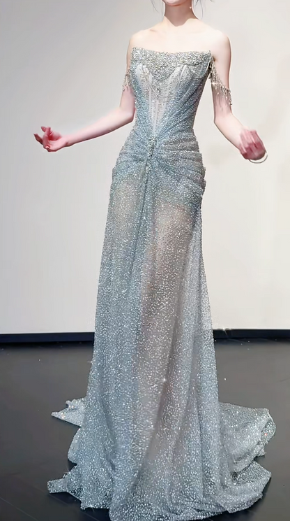Elegant Off-the-shoulder Sheath Long Prom Dress Tulle Grey Birthday Dress ED05116
