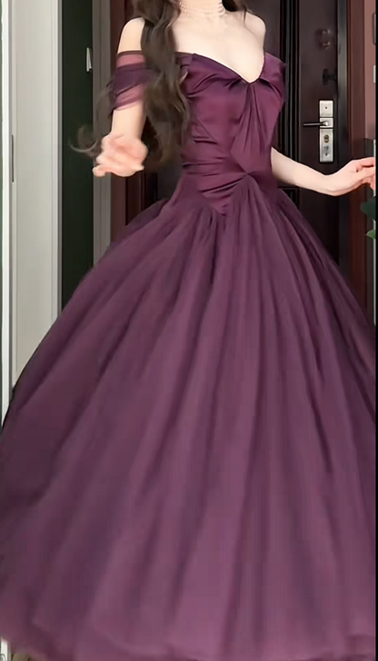 Cute Cup Sleeves A-Line Grape Long Prom Dresses Satin Grape Birthday Dresses ED05128