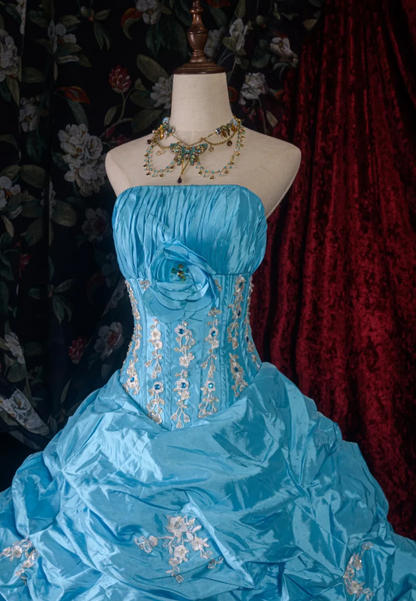 Cute Strapless Ball Gown Blue Long Prom Dresses Taffeta Blue Quinceanera Dresses Sweet 16 Dresses ED05129