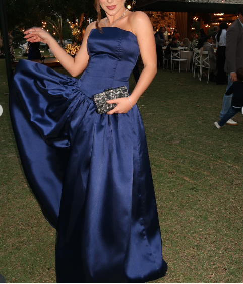 Glam Strapless A-Line Navy Blue Long Prom Dresses Satin Navy Blue Wedding Guest Dresses ED05136