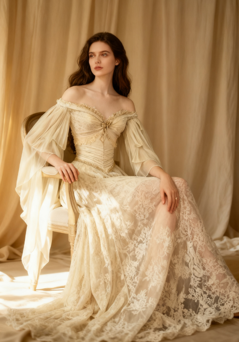 Elegant Off-shoulder A-Line Beige Long Prom Dresses Chiffon Lace Beige Formal Dresses ED05137