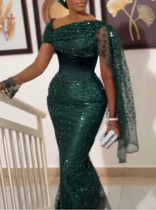 Chic Mermaid Dark Green Long Prom Dresses Tulle Sequins Dark Green Evening Gowns ED05142