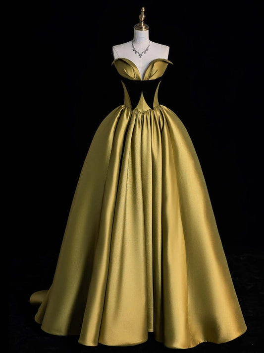 Fairy A-Line Yellow Long Prom Dresses Satin Yellow Birthday Dresses Sweet 16 Dress ED05161