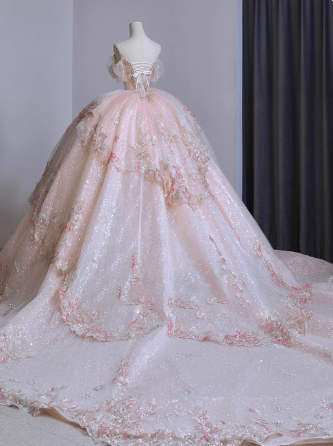 Cute Off-shoulder A-line Pink Long Prom Dresses Tulle Appliqué Pink Quinceanera Dresses Sweet 16 Dress ED05164