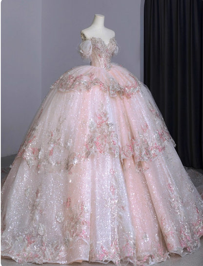 Cute Off-shoulder A-line Pink Long Prom Dresses Tulle Appliqué Pink Quinceanera Dresses Sweet 16 Dress ED05164