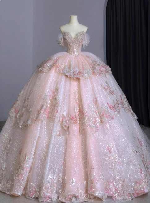 Cute Off-shoulder A-line Pink Long Prom Dresses Tulle Appliqué Pink Quinceanera Dresses Sweet 16 Dress ED05164