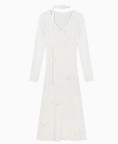 3D Flower V-Neck Long Sleeve Knitted Dress  ED0516