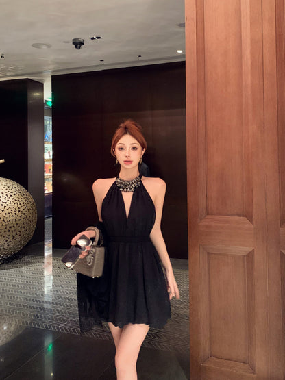 diamond v-neck black halter dress birthday dress HZ1024