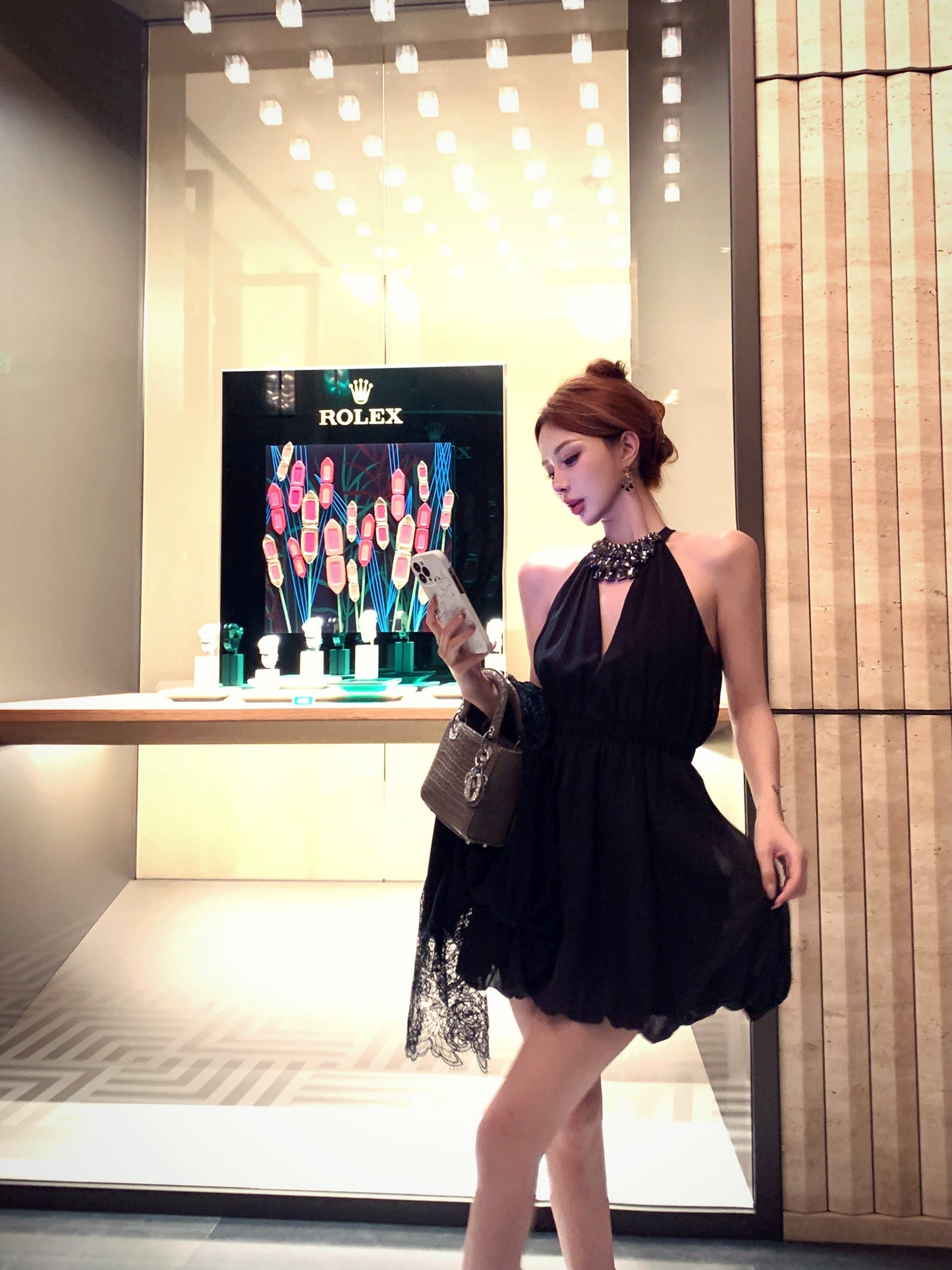 diamond v-neck black halter dress birthday dress HZ1024