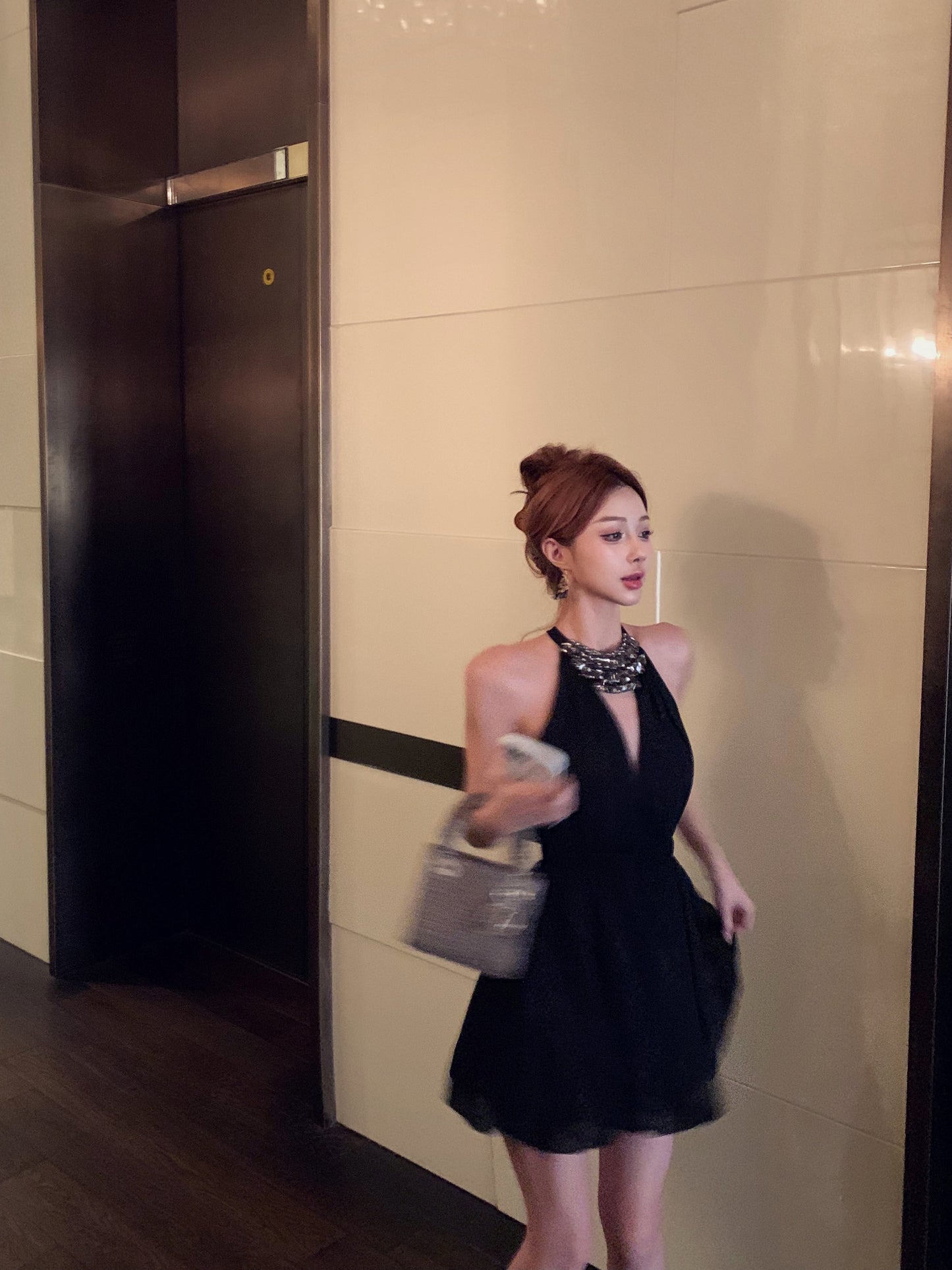 diamond v-neck black halter dress birthday dress HZ1024