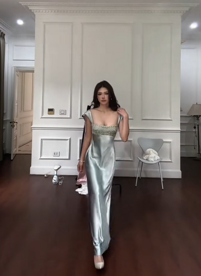 Elegant Straps Sheath Soft Green  Long Prom Dresses  Satin Soft Green Birthday Dresses ED05184