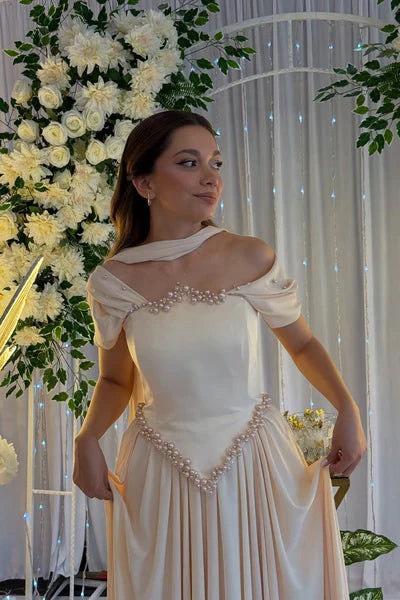 Elegant Off-shoulder A-Line Champagne Long Prom Dresses Satin Champagne Birthday Dresses ED05185