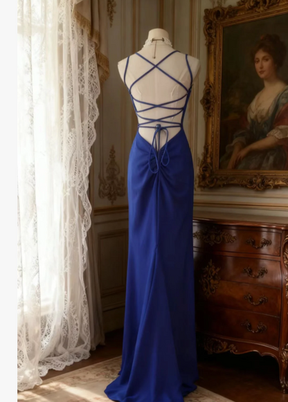 Elegant Spaghetti Straps Sheath Blue  Long Prom Dresses Chiffon Blue Evening Gowns ED05186
