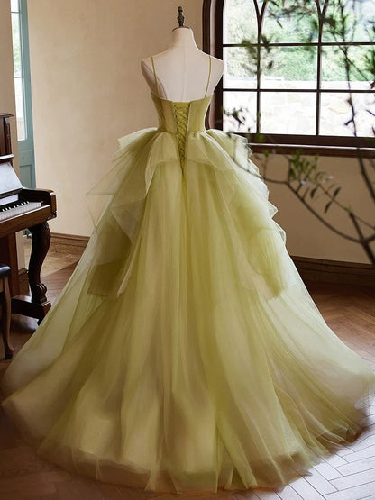 A-Line Green Sweetheart Neck Tulle Long Prom Dress, Green Evening Dress  ED052