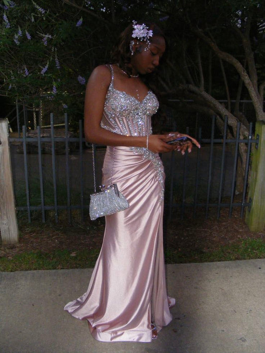 Elegant Spaghetti Straps Sheath Long Prom Dresses Satin Appliques Pink Evening Gowns ED05227
