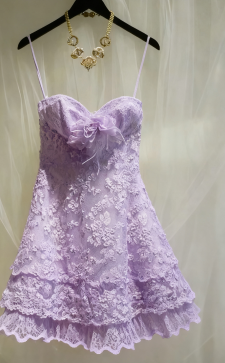Chic Spaghetti Straps A-Line Short Prom Dresses Lace Applique Lilac Birthday Dresses ED05236