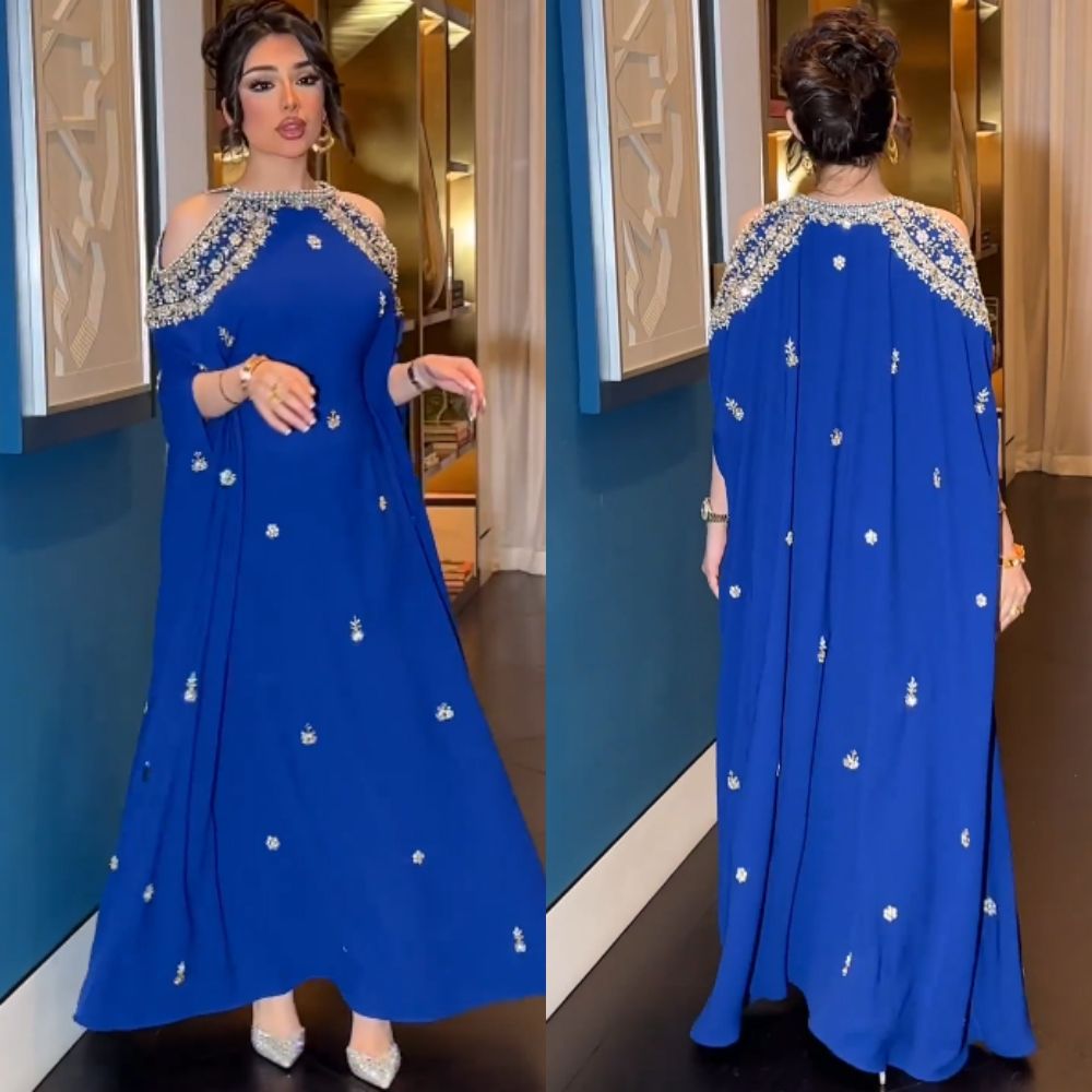 Elegant Off-shoulder Sheath Wedding Guest Dresses Chiffon Long Sleeves Royal Blue Mother Of Bride Dresses ED05263