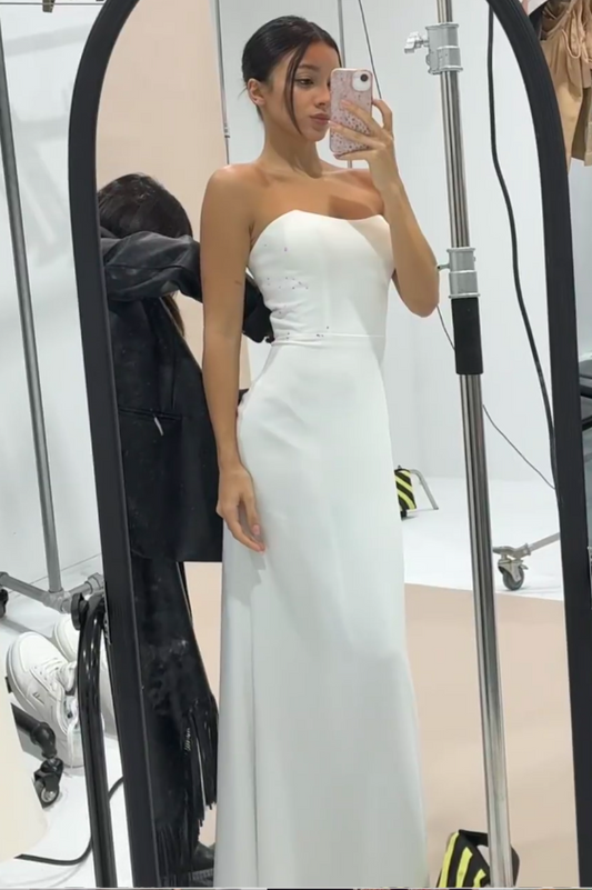Glam Sheath White Long Prom Dresses Strapless Satin White Wedding Guest Dresses ED05277