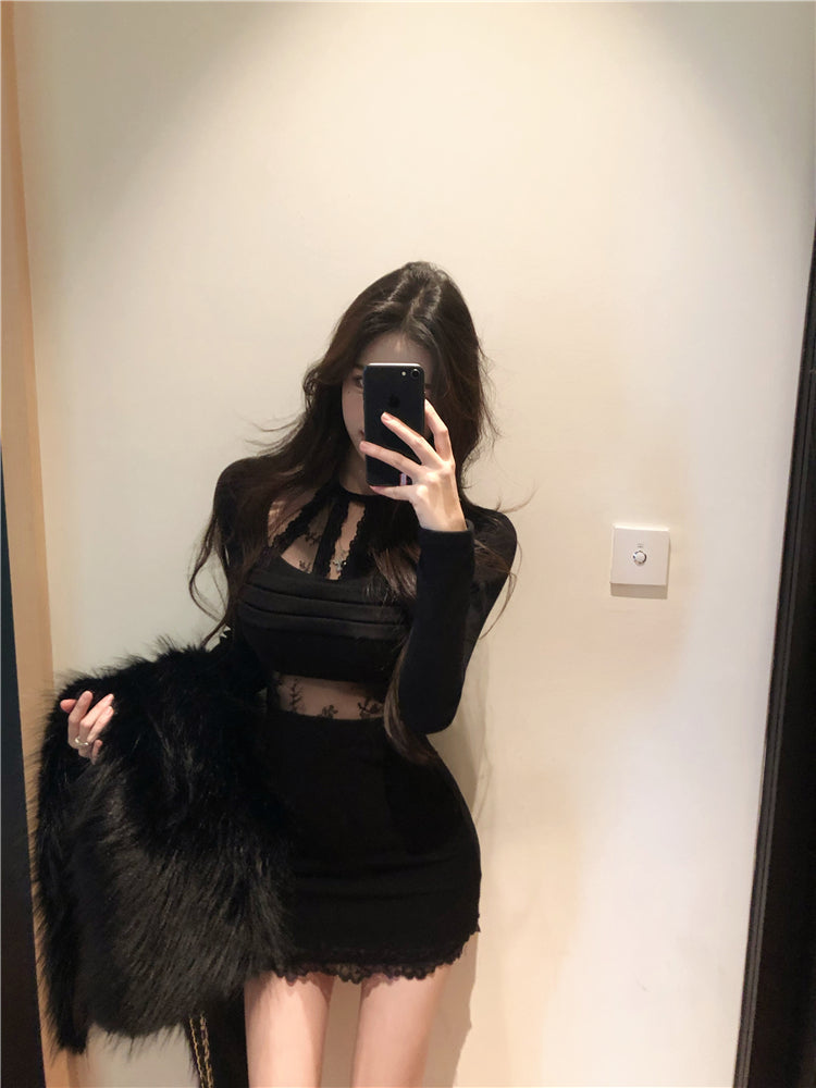 lace stitching slim fit long sleeve halter neck knitted dress HZ1024