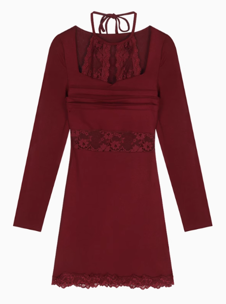 lace stitching slim fit long sleeve halter neck knitted dress HZ1024