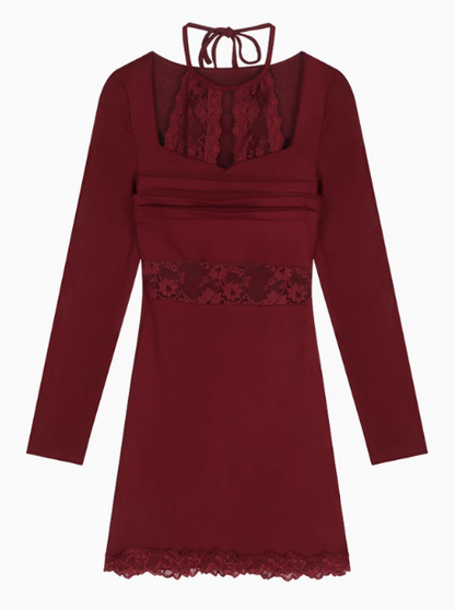 lace stitching slim fit long sleeve halter neck knitted dress HZ1024