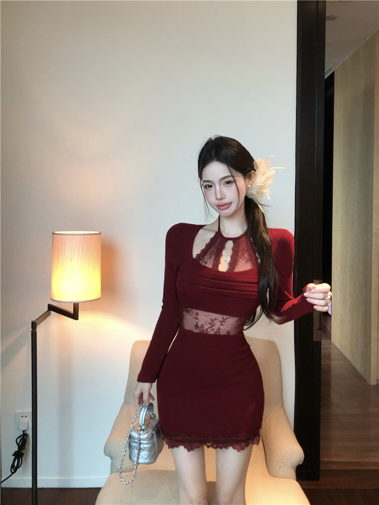 lace stitching slim fit long sleeve halter neck knitted dress HZ1024