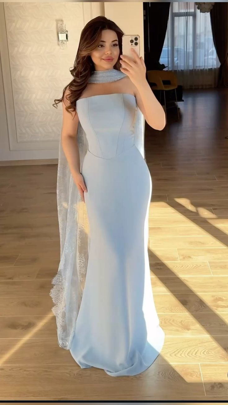 Chic Mermaid Sky Blue Long Prom Dresses Strapless Chiffon Sky Blue Wedding Guest Dresses Sleeveless Formal Dresses ED05281
