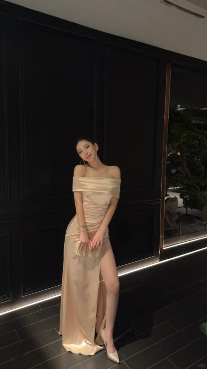 Elegant Sheath Champagne Long Prom Dresses Off-shoulder Satin Champagne Formal Dresses ED05285